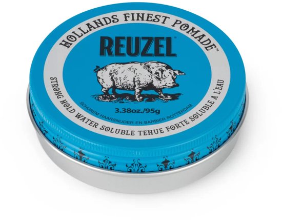 Blauw Reuzel pomade blik met varkensafbeelding, 95g, sterke fixatie.