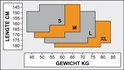 Maattabel met gewicht in kg en lengte in cm voor maten S tot XL.
