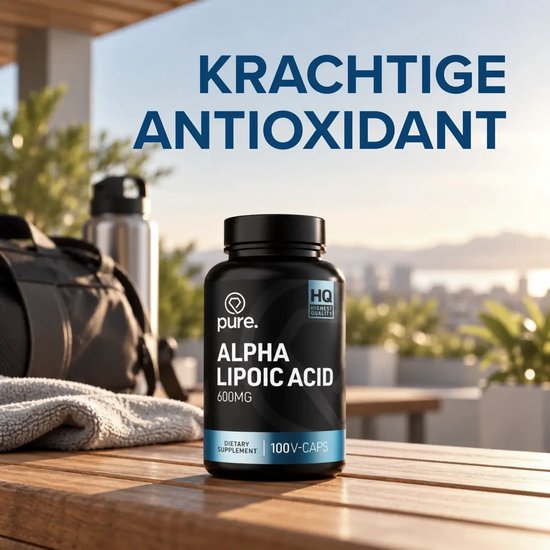Pot Pure Alpha Lipoic Acid 600mg op een houten tafel met een sporttas op de achtergrond. Tekst: Krachtige Antioxidant.