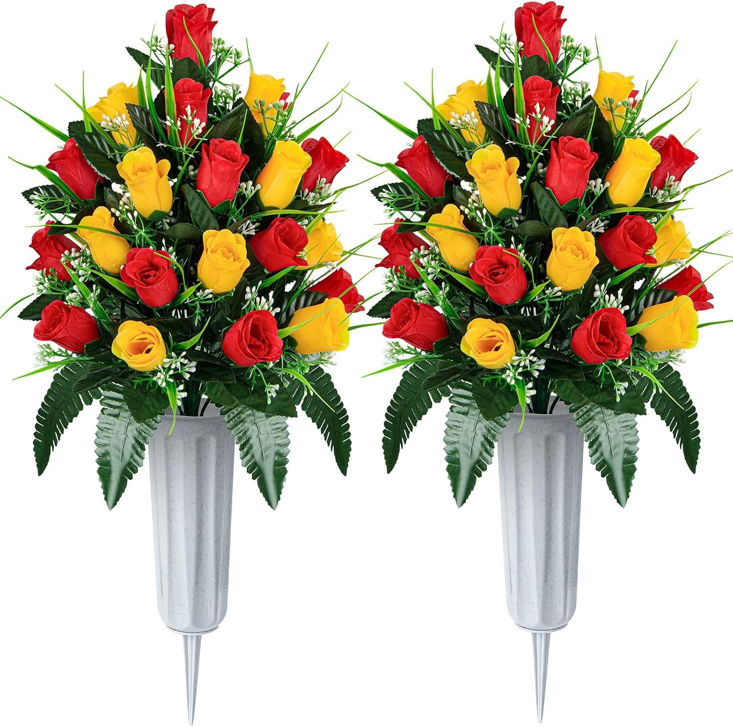 Kunstmatige bloemenboeket 48 cm - Rozen in vaas - Grafdecoratie - Duurzaam en weerbestendig - ServiceTopper