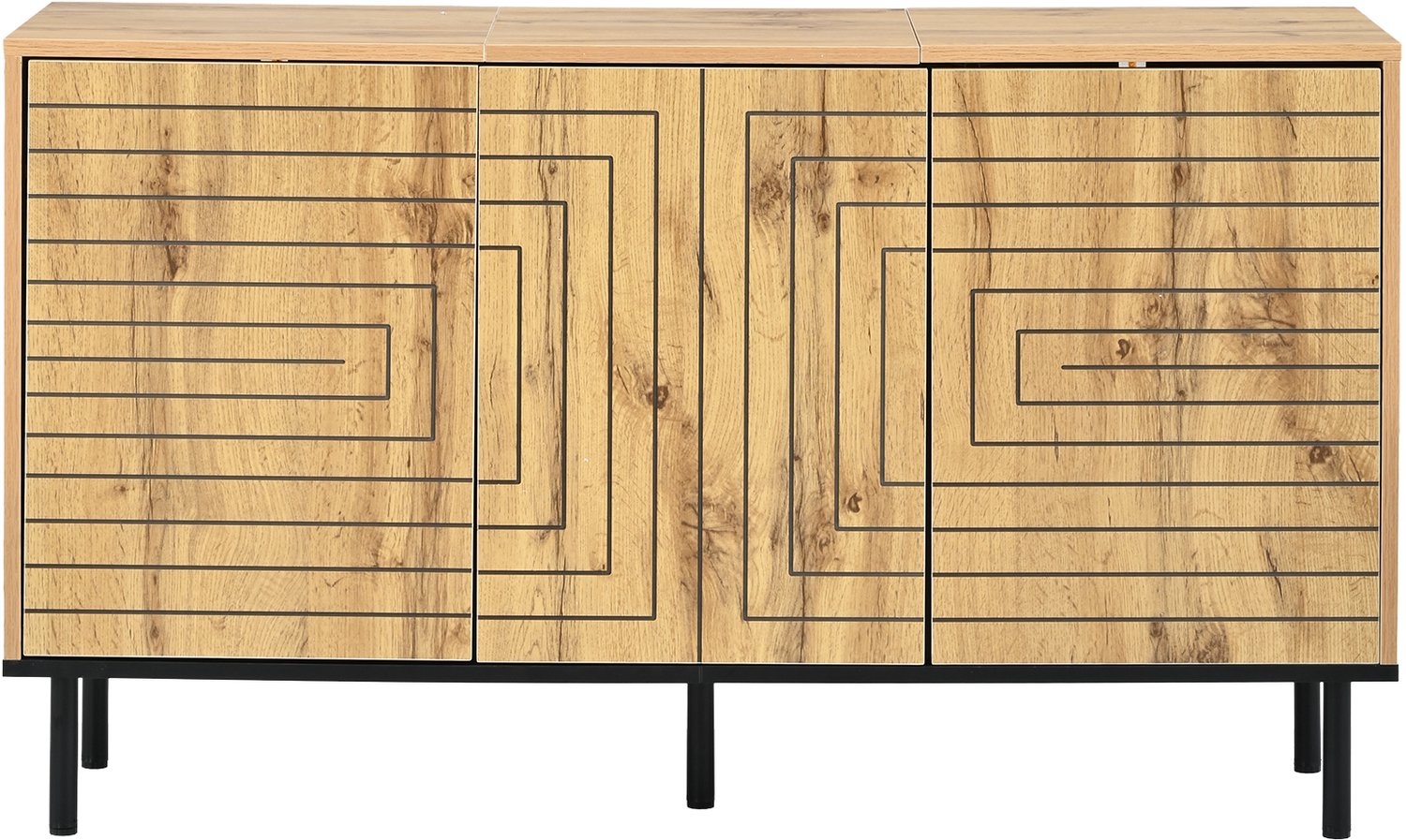 SONNENH Dressoir - Houtlook met zwarte geometrische lijnen - 3 greeploze deuren en 6 vakken - 120 x 35 x 68 cm