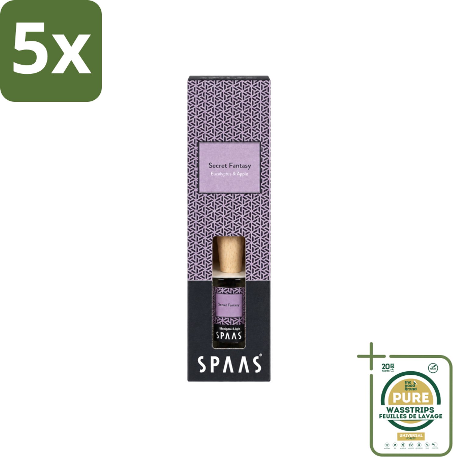 5 x Spaas - Geurstokjes - Secret Fantasy - Eucalyptus En Appel - 80 ml - Wasstrips - Geurstokjes - Geurverspreider - Eucalyptus En Appel - Frisse Geur - Natuurlijke Geur