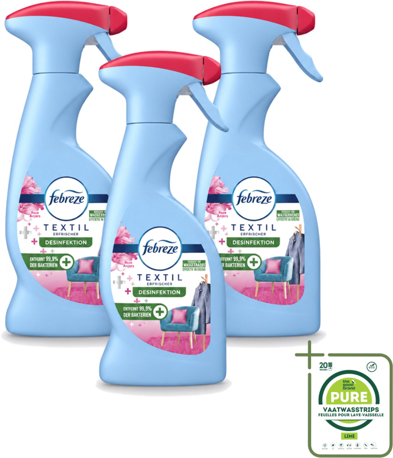 3 x Febreze – Textielspray – Roze Anjers – 375 ml - Grootverpakking - Vaatwasstrips - Textielgeur - Textielverzorging - Geurverwijdering - Textielspray - Roze Anjers