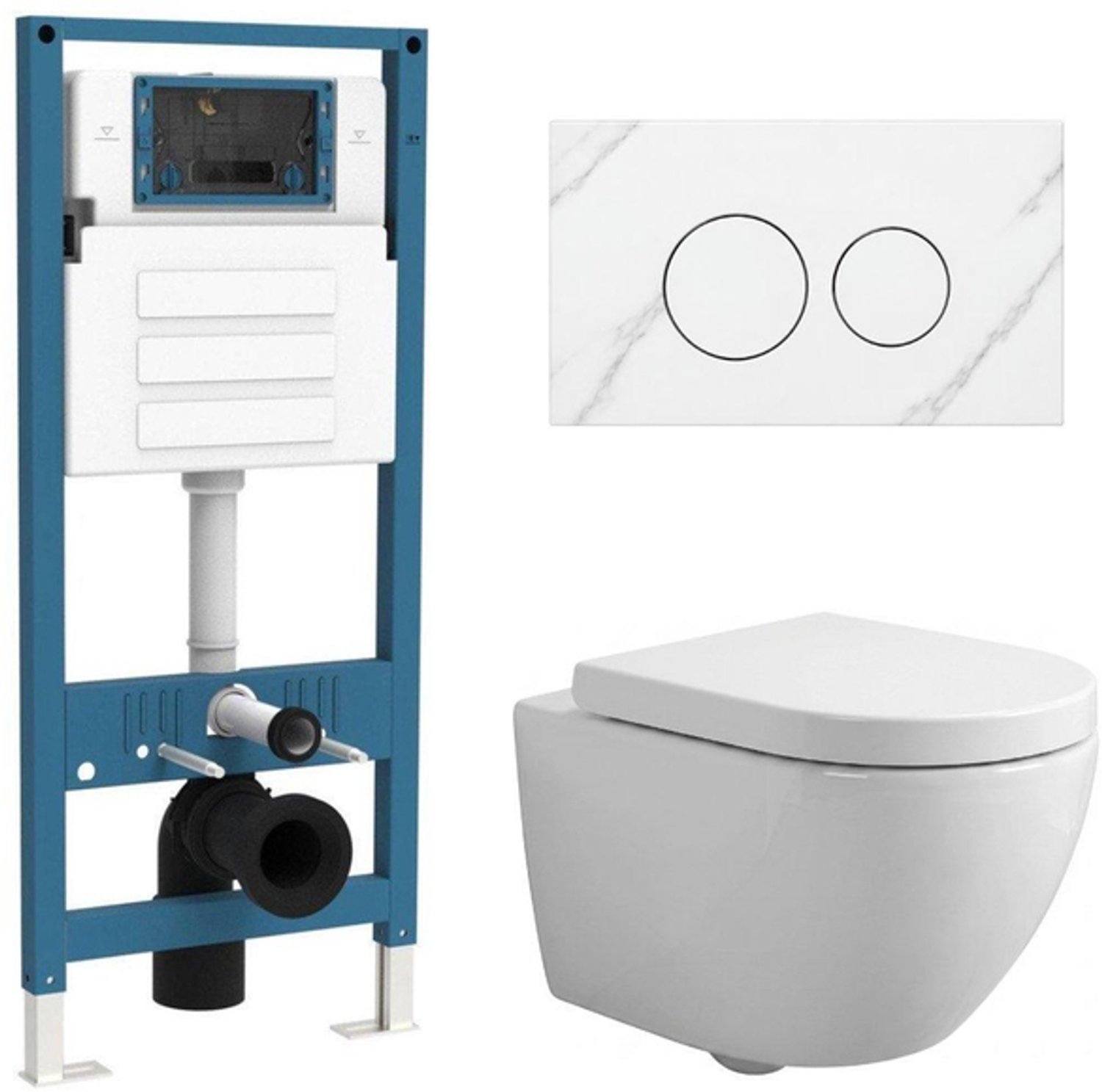 QeramiQ Dely Swirl Compact Toiletset - inbouwreservoir QeramiQ flush - 25mm zitting - marmeren bedieningsplaat wit - ronde knoppen - glans wit