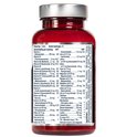 Achterkant van een supplementenflesje met een gedetailleerde tabel van vitamines en mineralen.