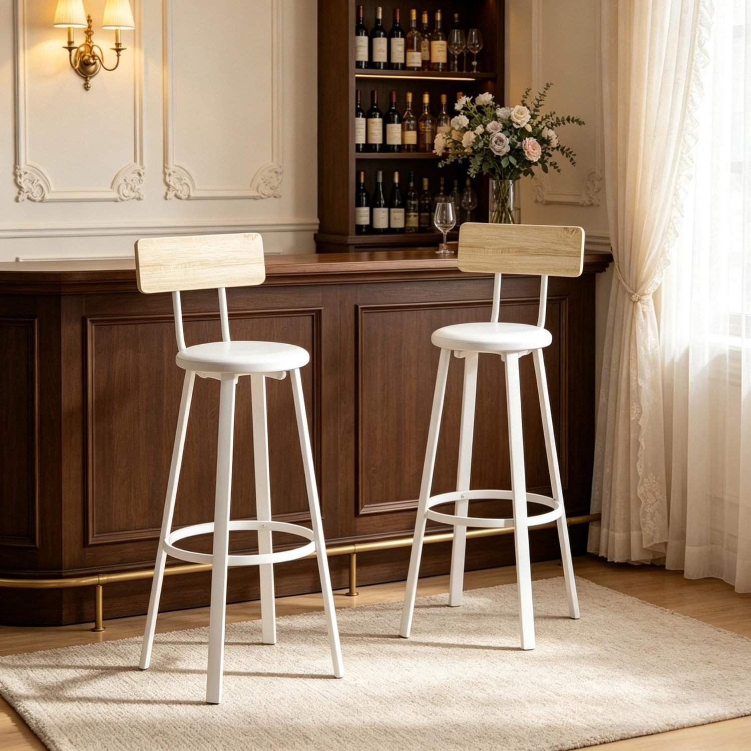 DESMIU Barkruk - Set Van 2 Met Rugleuning En Voetsteun - Zithoogte 75,5 Cm - Voor Keukenbar En Hoge Tafel - Metaal En Hout - Wit En Eikenkleurig