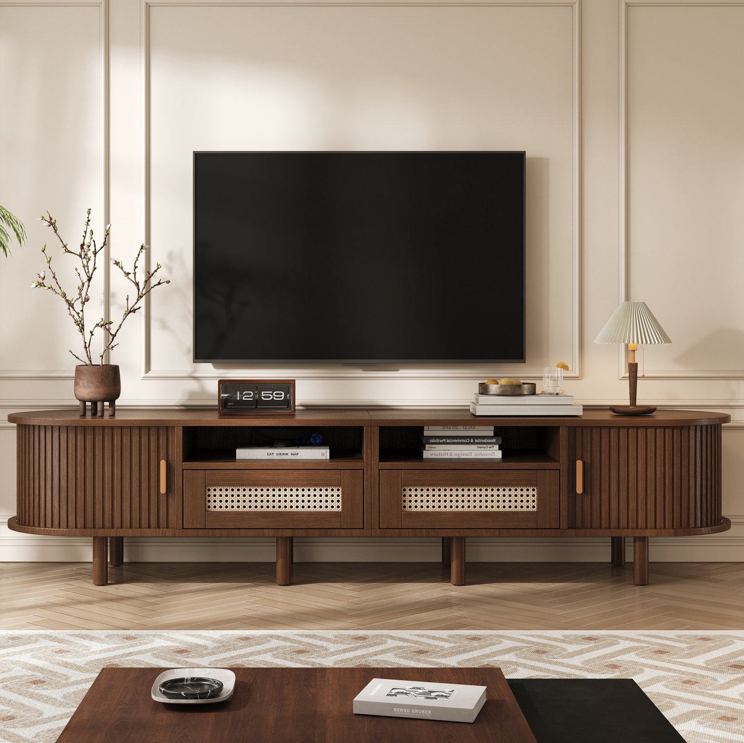 CHICFURN TV-meubel 170 cm - 2 lades - 2 schuifdeuren - Ovaal - Woonkamer - MDF - Dark Oak Donker eiken