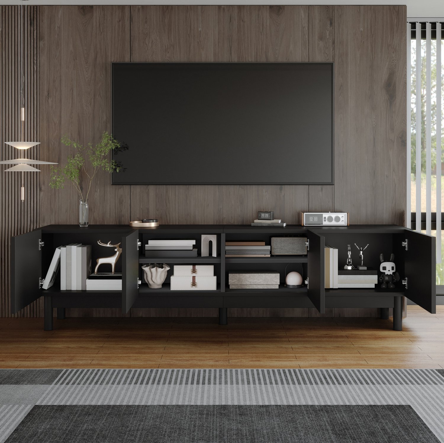 CHICFURN TV-meubel - opbergruimte - 4 deuren - lage kast - zwart