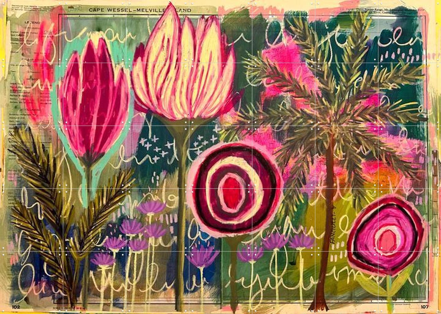 IXXI Melanie, Yvette Fanciulli - 140 x 100 cm - Grote wanddecoratie en posters - Speels, Gemengde Technieken, Eetkamer, Woonkamer, Bloemen Roze / Groen