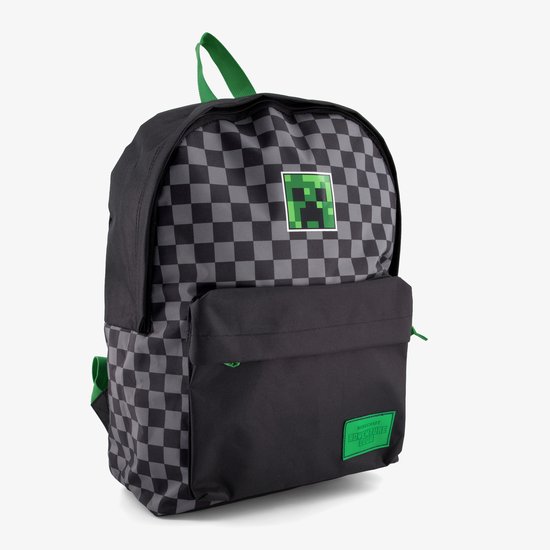 Minecraft rugzak met grijs geblokt patroon, Creeper-embleem, groen label en groene ritssluiting.