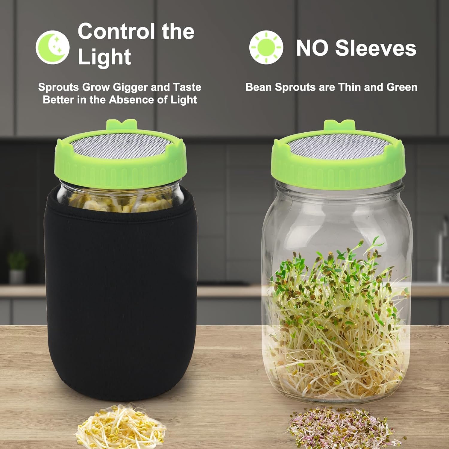 Deefongo kiemglas, set van 2 stuks, glas met 2 filterroosterafdekkingen van roestvrij staal, standaard en inmaakborstel, kiemglas set voor sprossen kw