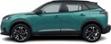 Zij-aanzicht van een turkooizen Peugeot 2008 SUV met zwarte dakrails en zilverkleurige accenten.