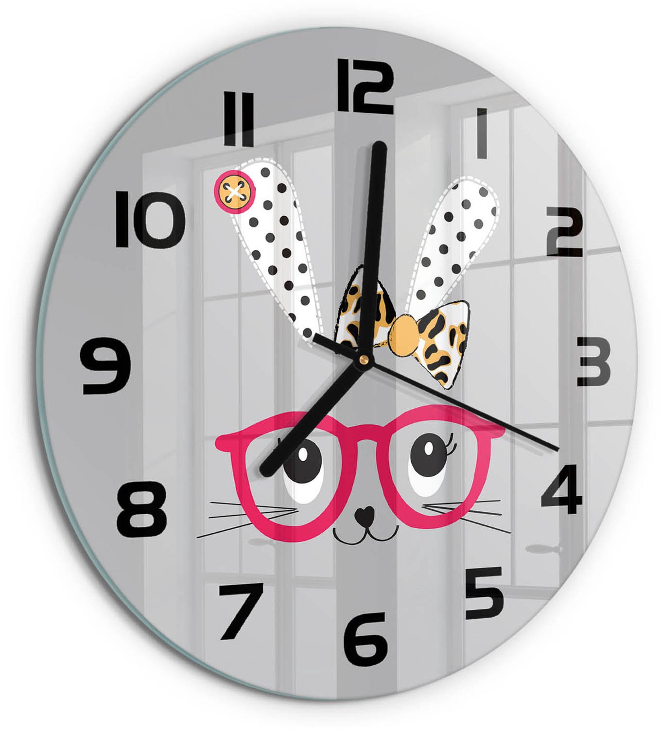 TULUP Wandklok - Konijn met bril Glazen Klok Met Print - fi30 cm - Roze Wandklok Glas Met Motief - Zwarte handen - Ronde Klok - Wandklok Glas Decoratie - Gekleurde Glazen Klok