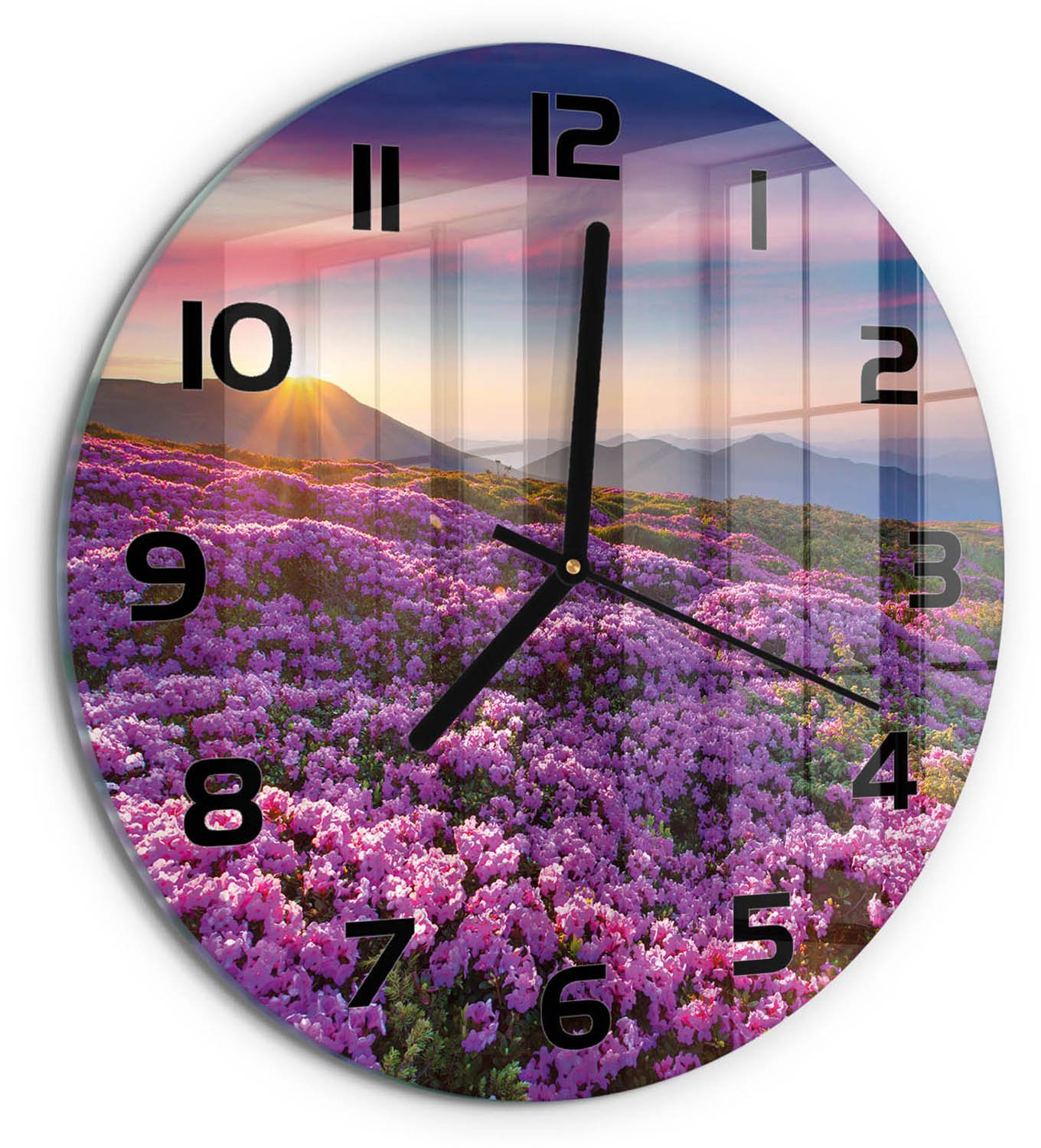 TULUP Wandklok - Bloemen in de bergen Wandklok Glas Met Motief - fi30 cm - Paars Decoratieve Glazen Klok - Zwarte handen - Ronde Klok - Gekleurde Glazen Klok - Glazen Klok Met Print