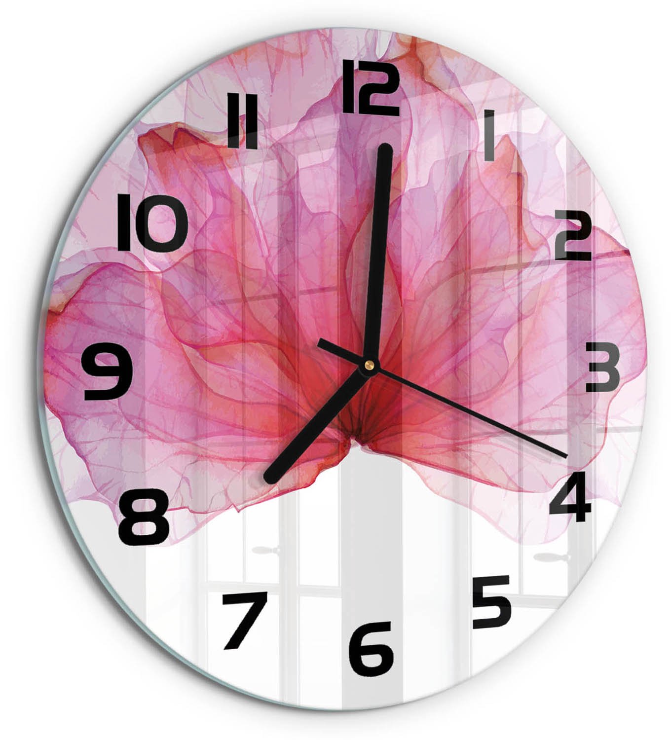 TULUP Wandklok - Roze bloem Wandklok Glas Met Motief - fi30 cm - Roze Decoratieve Glazen Klok - Zwarte handen - Ronde Klok - Gekleurde Glazen Klok - Glazen Klok Met Print