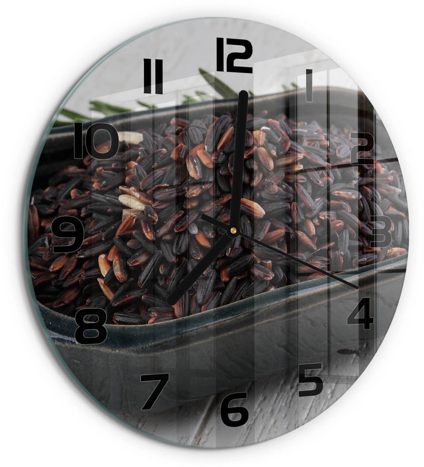 TULUP Wandklok - Wilde rijst in een kom Glazen Klok Met Print - fi30 cm - Bruin Wandklok Glas Met Motief - Zwarte handen - Ronde Klok - Wandklok Glas Decoratie - Gekleurde Glazen Klok