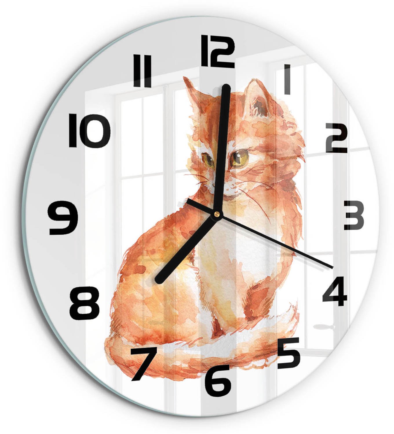TULUP Wandklok - Rode Kat Gekleurde Glazen Klok - fi30 cm - Oranje Glazen Klok Met Print - Zwarte handen - Ronde Klok - Moderne Wandklok Glas - Wandklok Glas Decoratie