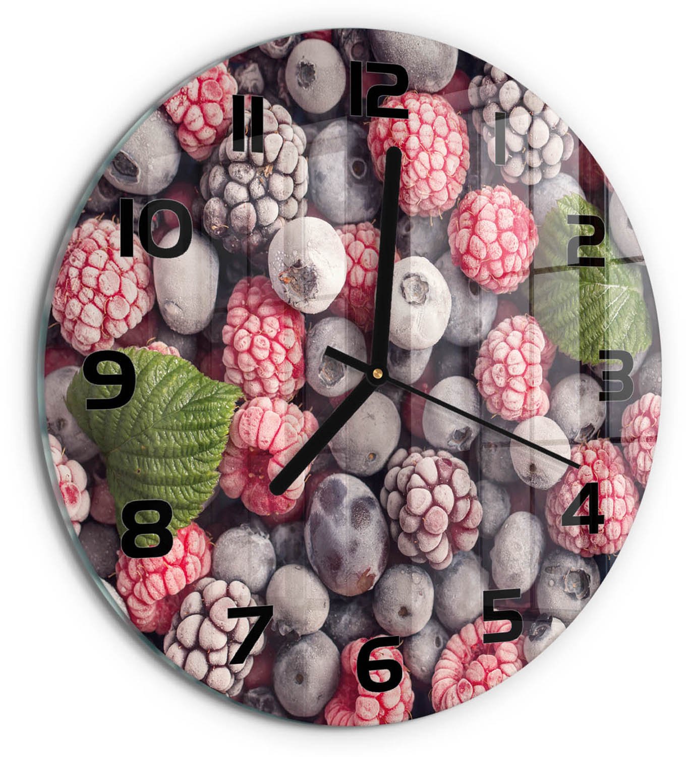 TULUP Wandklok - Bevroren bosvruchten Wandklok Glas Decoratie - fi30 cm - Blauw Gekleurde Glazen Klok - Zwarte handen - Ronde Klok - Klok Glas Met Opdruk - Moderne Wandklok Glas