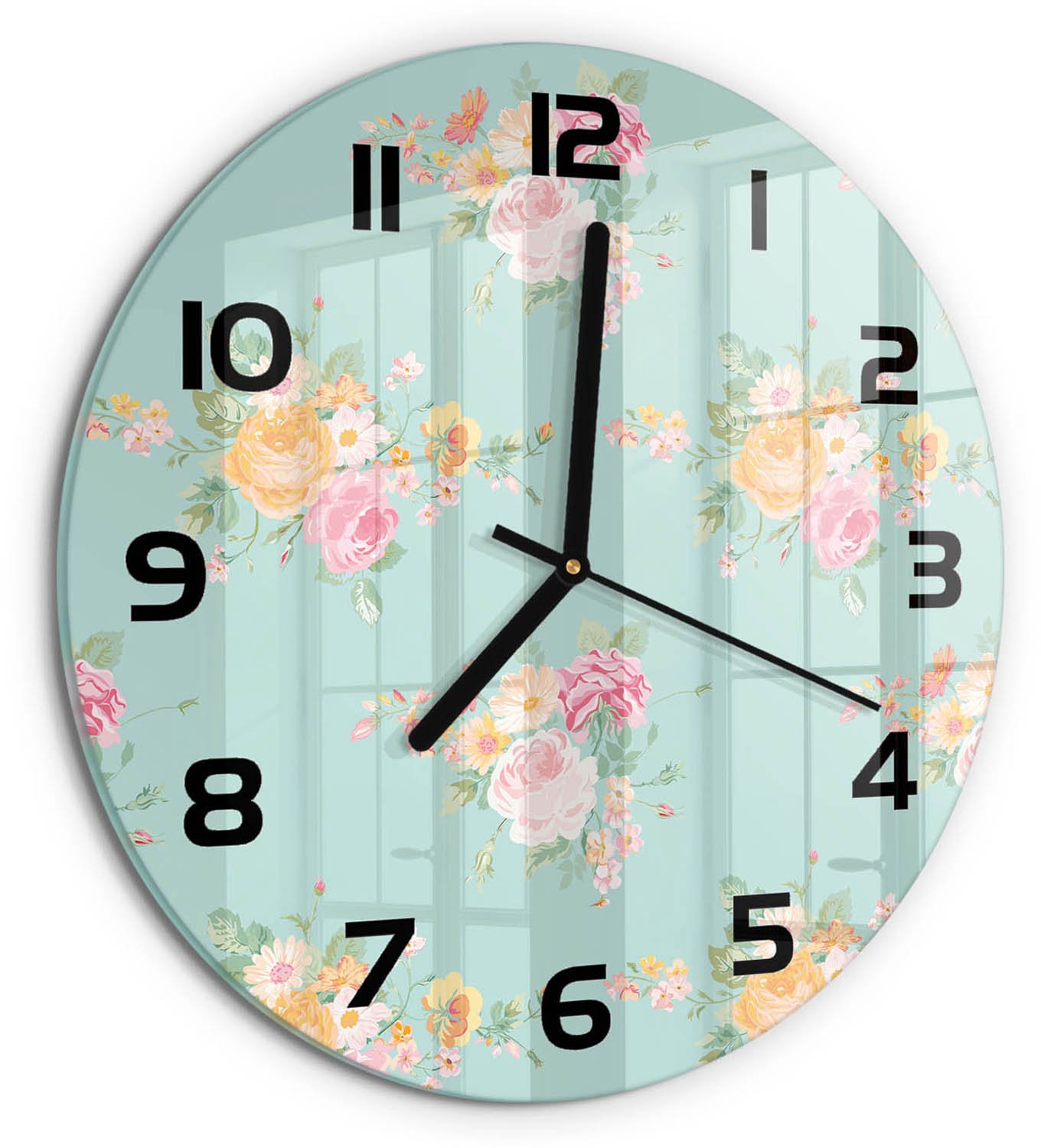 TULUP Wandklok - Bloemenpatroon Gekleurde Glazen Klok - fi30 cm - Veelkleurig Glazen Klok Met Print - Zwarte handen - Ronde Klok - Moderne Wandklok Glas - Wandklok Glas Decoratie