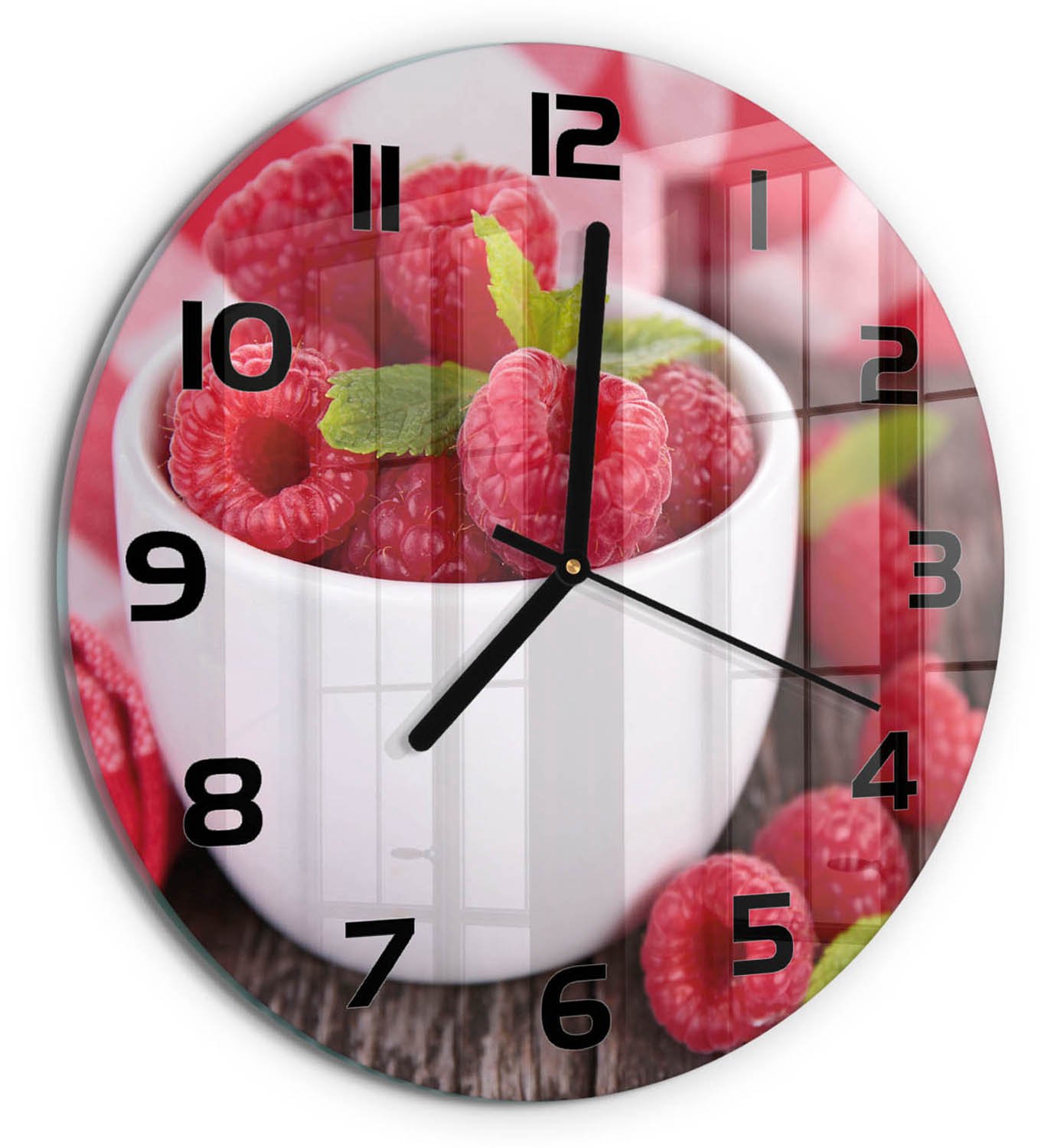 TULUP Wandklok - Frambozen in een kom Glazen Klok Met Print - fi30 cm - Rood Wandklok Glas Met Motief - Zwarte handen - Ronde Klok - Wandklok Glas Decoratie - Gekleurde Glazen Klok