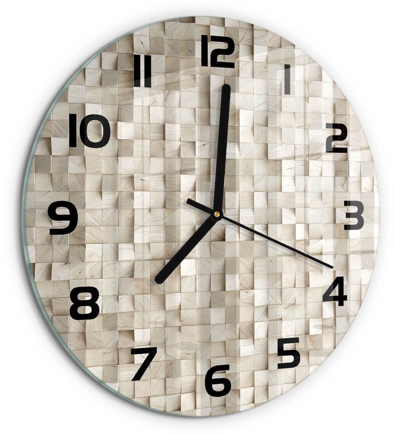 TULUP Wandklok - Houten kubussen Wandklok Glas Met Motief - fi30 cm - Beige Decoratieve Glazen Klok - Zwarte handen - Ronde Klok - Gekleurde Glazen Klok - Glazen Klok Met Print