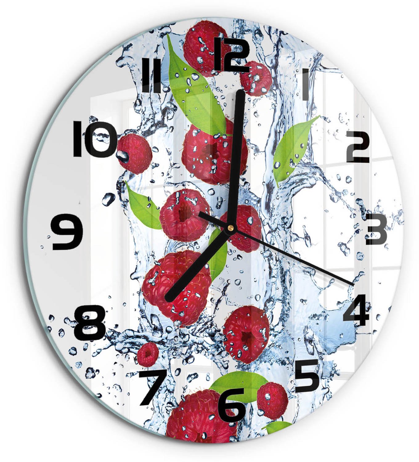 TULUP Wandklok - Frambozen en water Decoratieve Glazen Klok - fi30 cm - Rood Glazen Wandklok Design - Zwarte handen - Ronde Klok - Glazen Klok Met Print - Wandklok Glas Met Motief