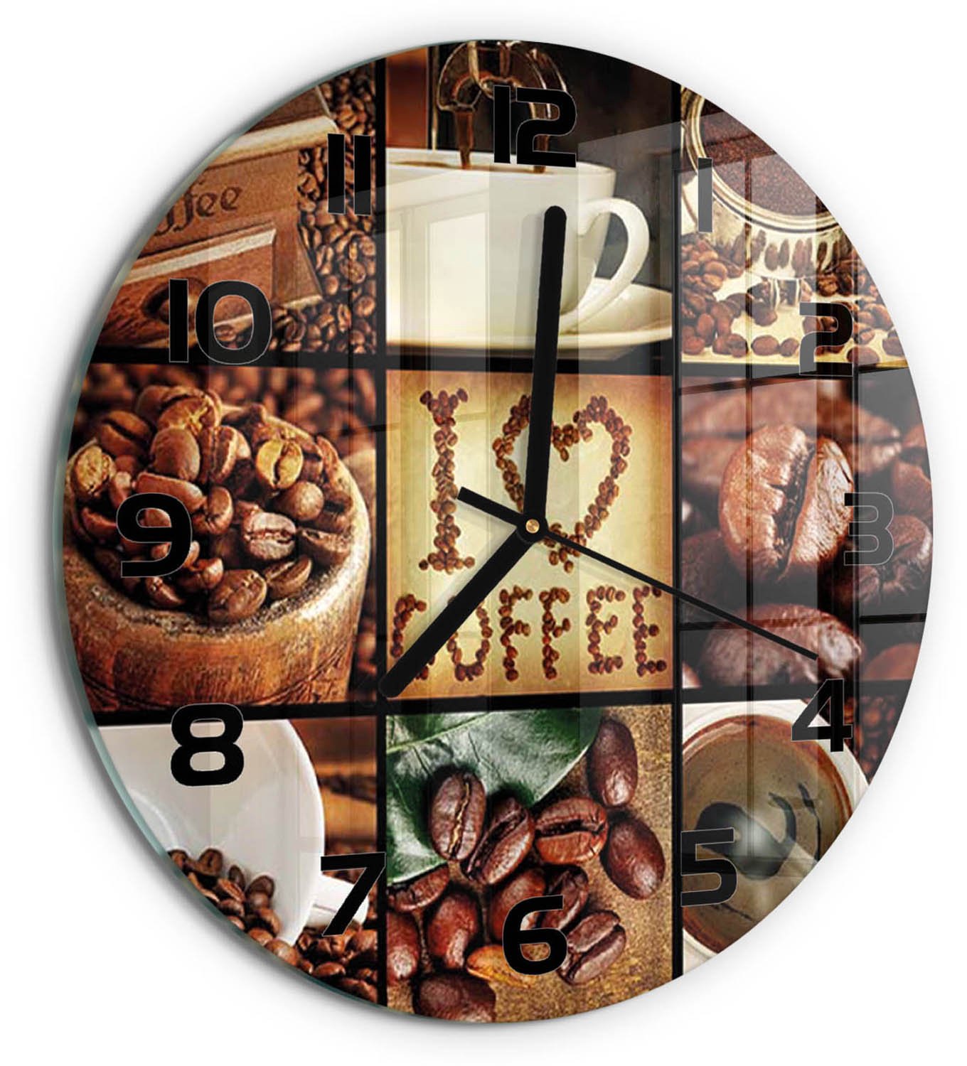 TULUP Wandklok - Koffiecollage Glazen Wandklok Design - fi30 cm - Bruin Klok Glas Met Opdruk - Zwarte handen - Ronde Klok - Wandklok Glas Met Motief - Decoratieve Glazen Klok