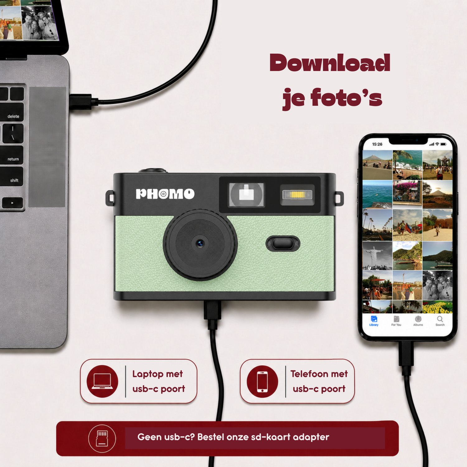 Phomo Digitale Retro Camera - Compact Camera - 8MP - 4 Retrofilters - Flits - SD-kaart - USB-C - Mint Groen thumbnail 4