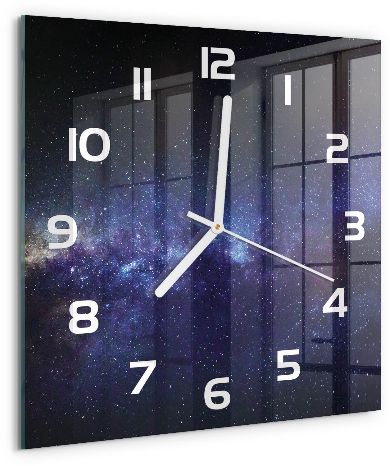 TULUP Wandklok - Melkweg Gekleurde Glazen Klok - 30x30 cm - Paars Glazen Klok Met Print - Witte handen - Vierkante Klok - Moderne Wandklok Glas - Wandklok Glas Decoratie