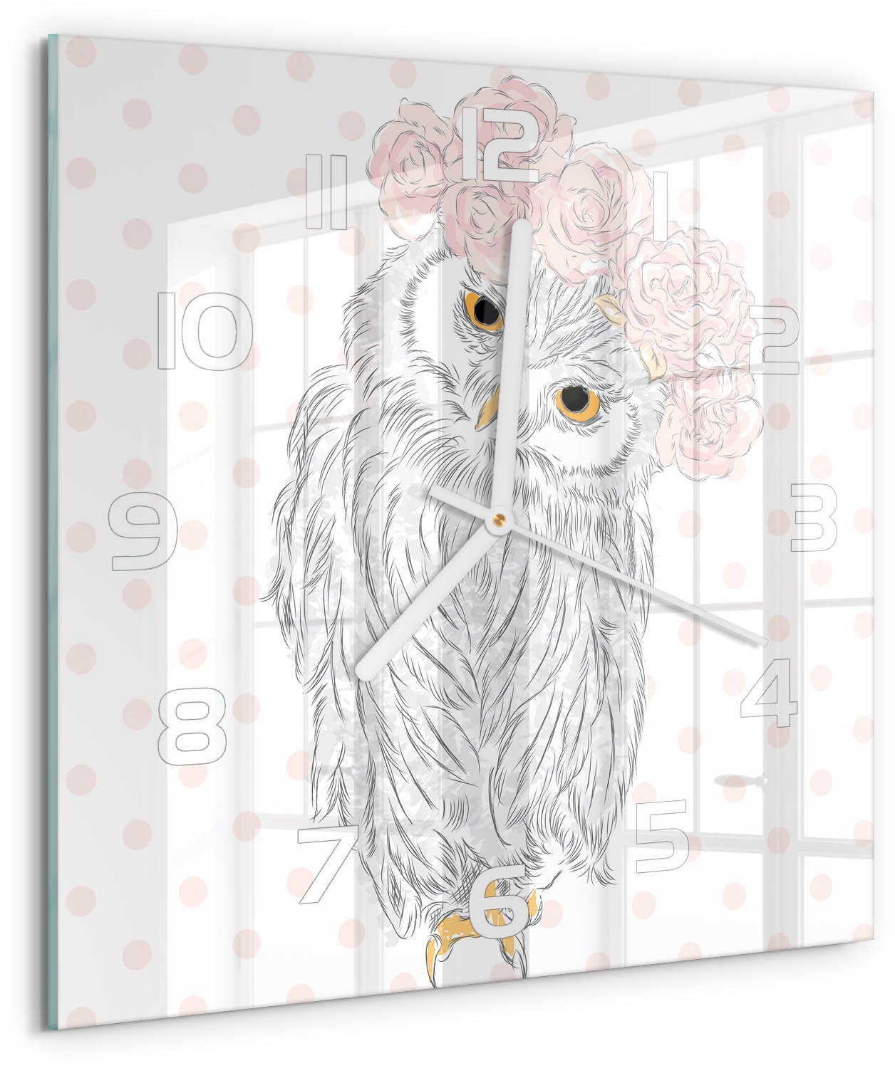 Tulup Wandklok - Uil in een krans Moderne Wandklok Glas - 30x30 cm - Roze Wandklok Glas Decoratie - Witte handen - Vierkante Klok - Glazen Wandklok Design - Klok Glas Met Opdruk