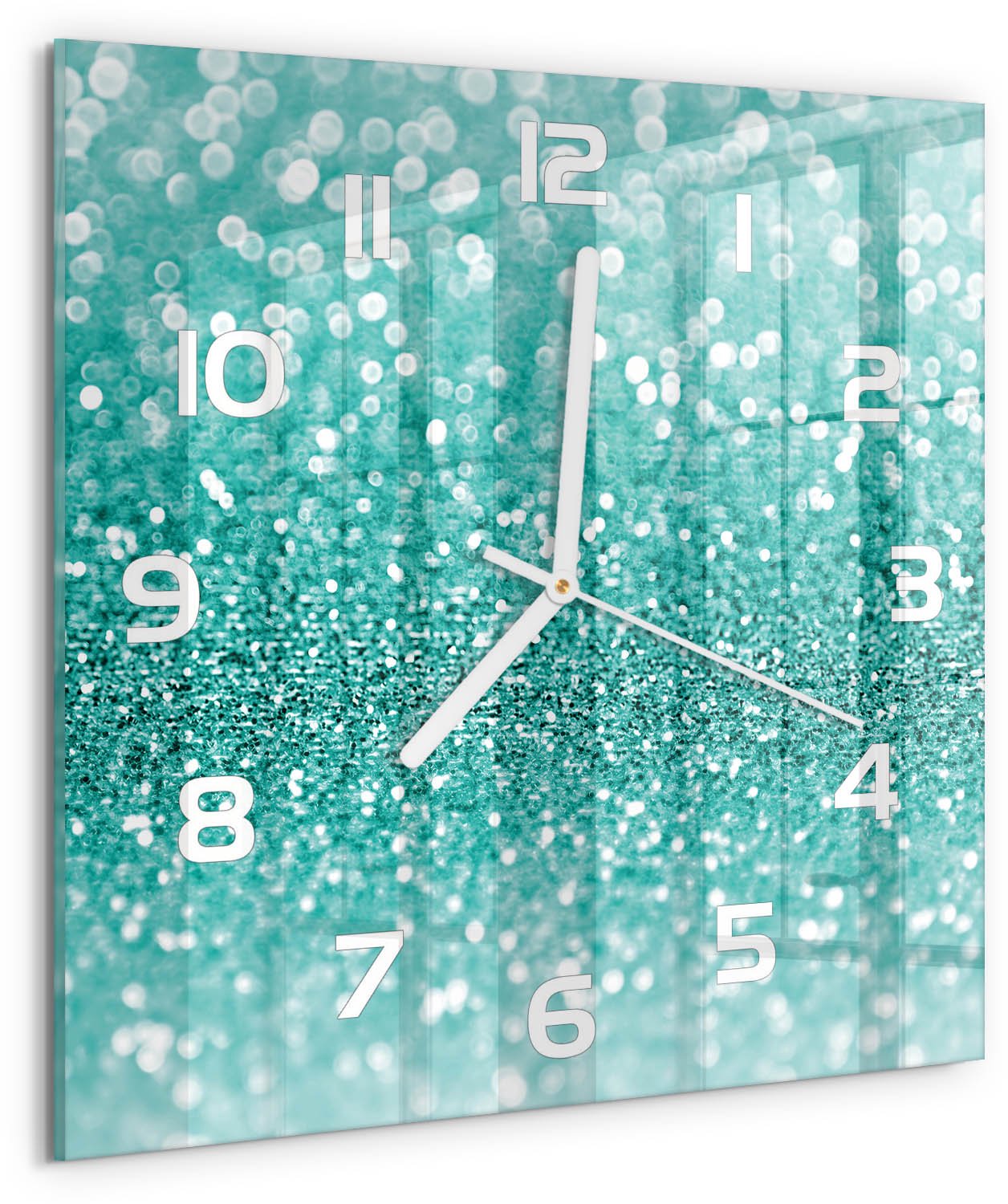 TULUP Wandklok - Kleine dingen Gekleurde Glazen Klok - 30x30 cm - Blauw Glazen Klok Met Print - Witte handen - Vierkante Klok - Moderne Wandklok Glas - Wandklok Glas Decoratie