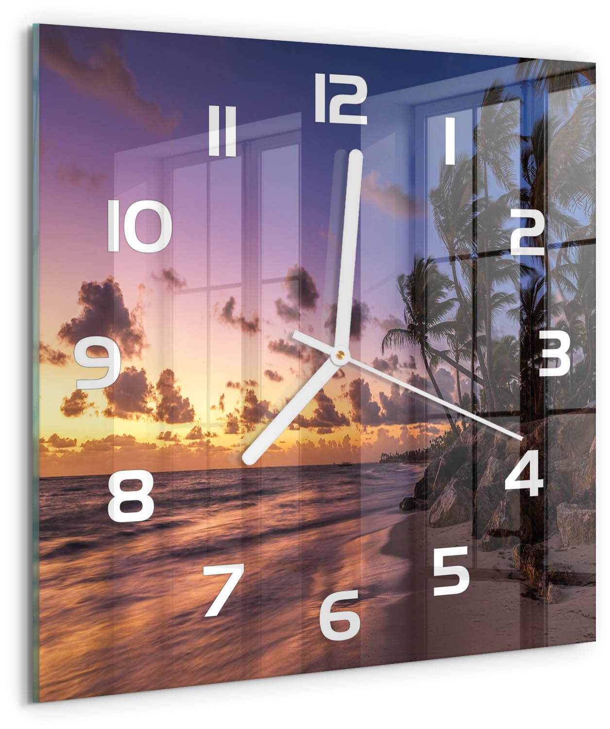 Tulup Wandklok - Weststrand Glazen Klok Met Print - 30x30 cm - Geel Wandklok Glas Met Motief - Witte handen - Vierkante Klok - Wandklok Glas Decoratie - Gekleurde Glazen Klok