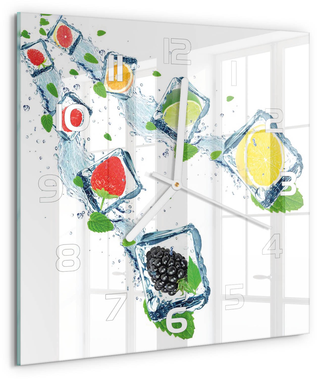 Tulup Wandklok - Fruit in blokjes Glazen Wandklok Design - 30x30 cm - Veelkleurig Klok Glas Met Opdruk - Witte handen - Vierkante Klok - Wandklok Glas Met Motief - Decoratieve Glazen Klok