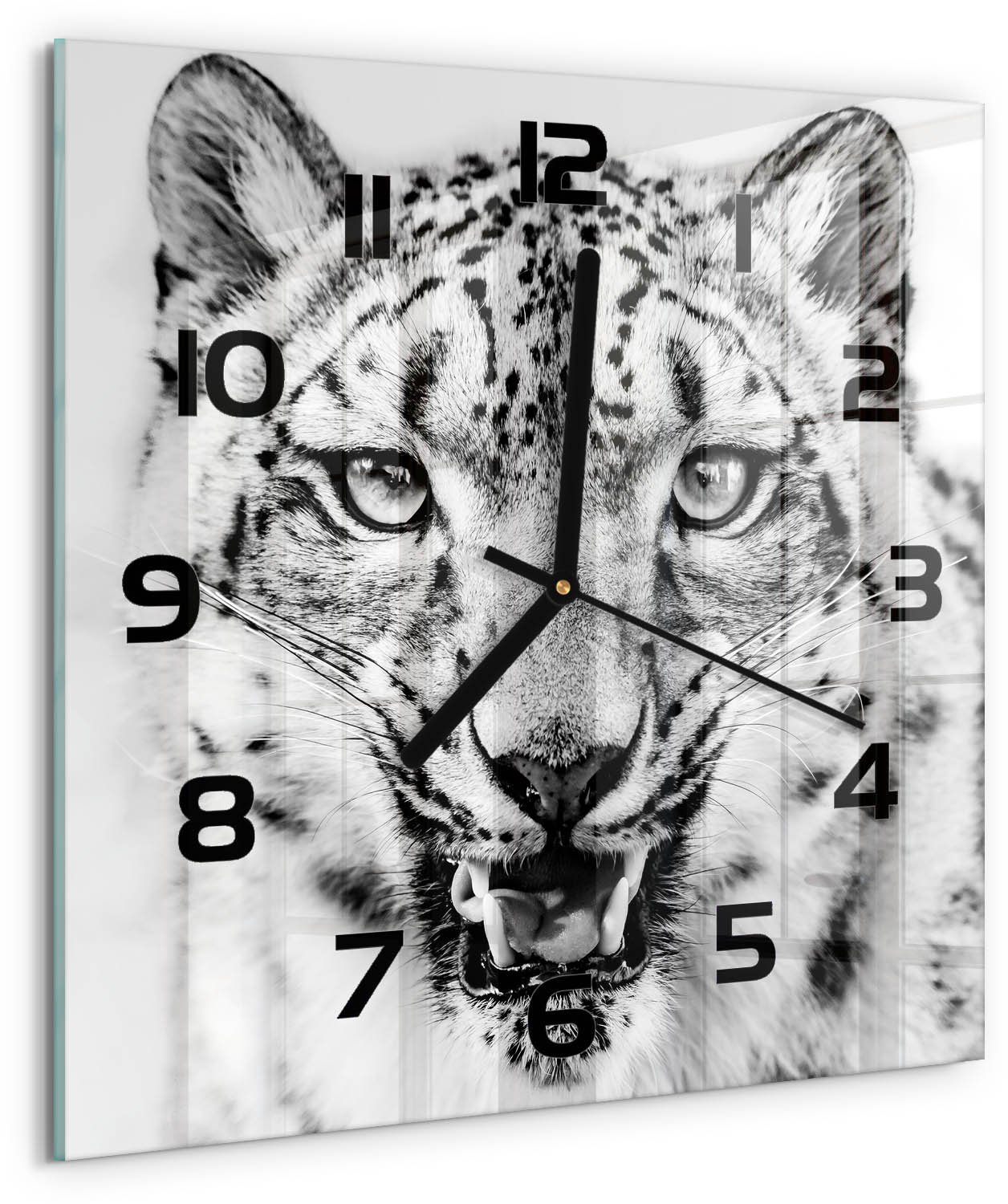 TULUP Wandklok - Sneeuwluipaard Gekleurde Glazen Klok - 30x30 cm - Zwart-wit Glazen Klok Met Print - Zwarte handen - Vierkante Klok - Moderne Wandklok Glas - Wandklok Glas Decoratie
