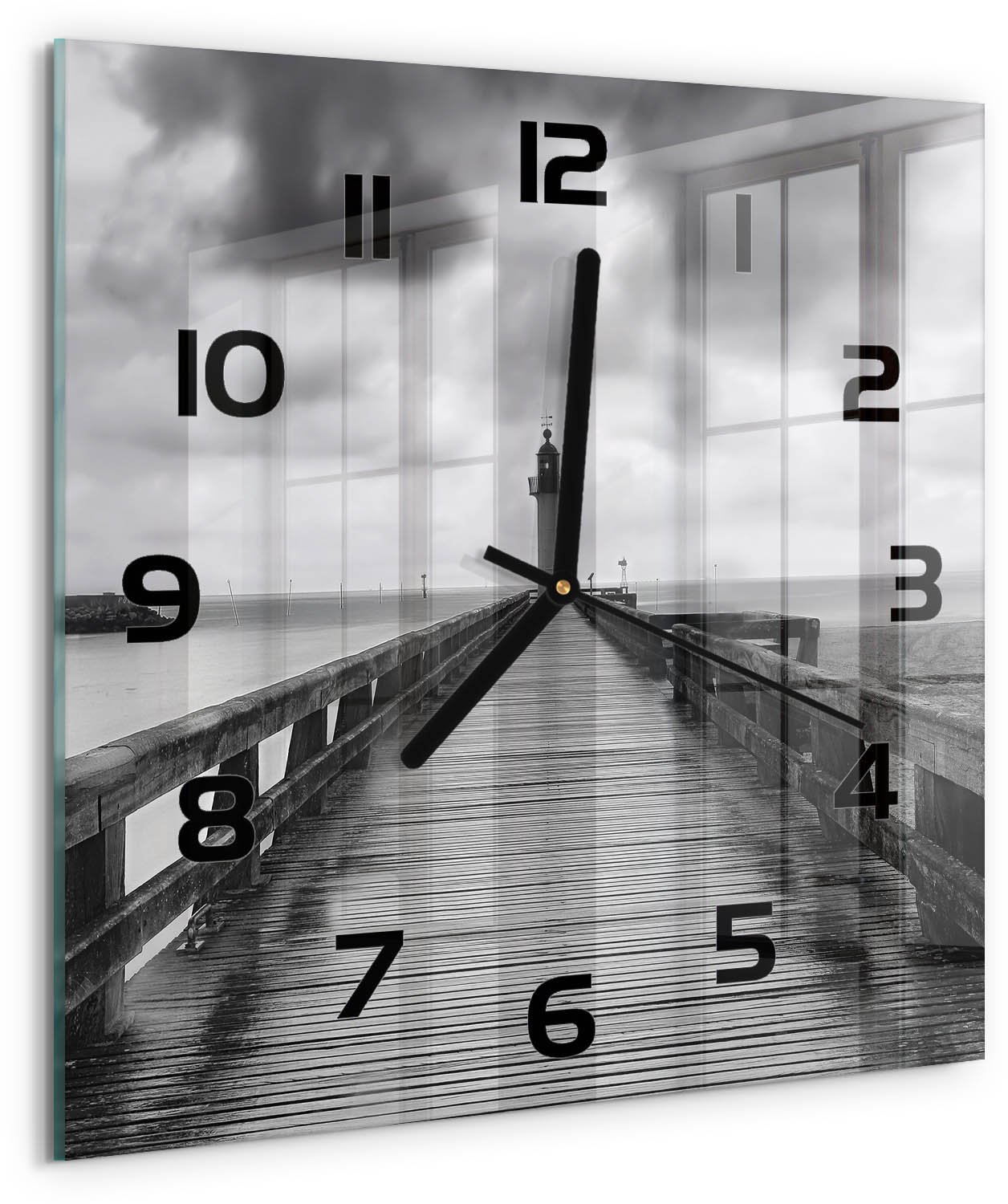Tulup Wandklok - Vuurtoren Moderne Wandklok Glas - 30x30 cm - Zwart-wit Wandklok Glas Decoratie - Zwarte handen - Vierkante Klok - Glazen Wandklok Design - Klok Glas Met Opdruk