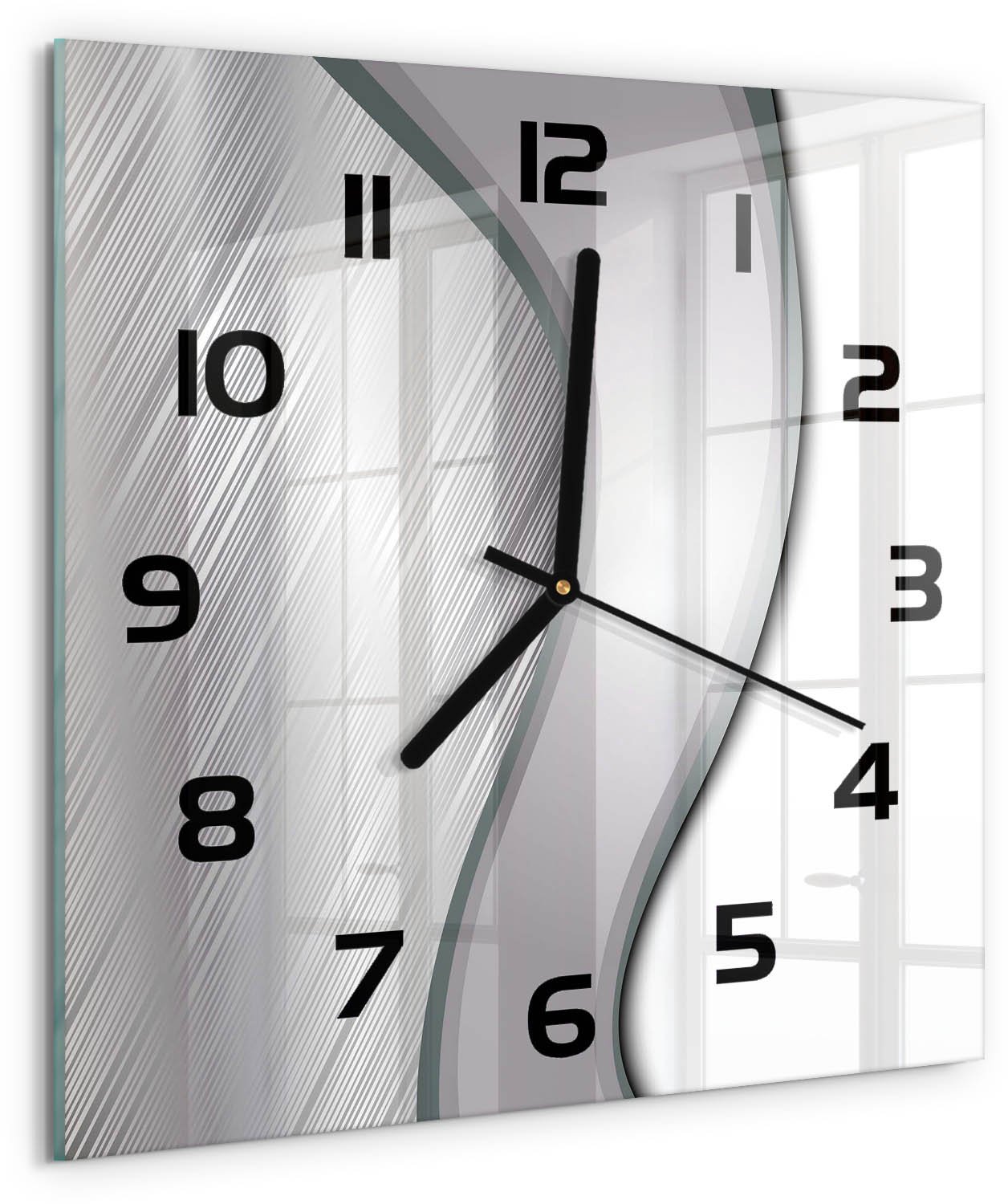 Tulup Wandklok - Metaalabstractie Decoratieve Glazen Klok - 30x30 cm - Zilver Glazen Wandklok Design - Zwarte handen - Vierkante Klok - Glazen Klok Met Print - Wandklok Glas Met Motief