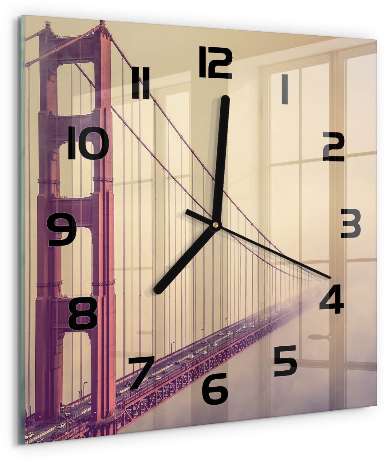 Tulup Wandklok - San Francisco-brug Glazen Wandklok Design - 30x30 cm - Rood Klok Glas Met Opdruk - Zwarte handen - Vierkante Klok - Wandklok Glas Met Motief - Decoratieve Glazen Klok