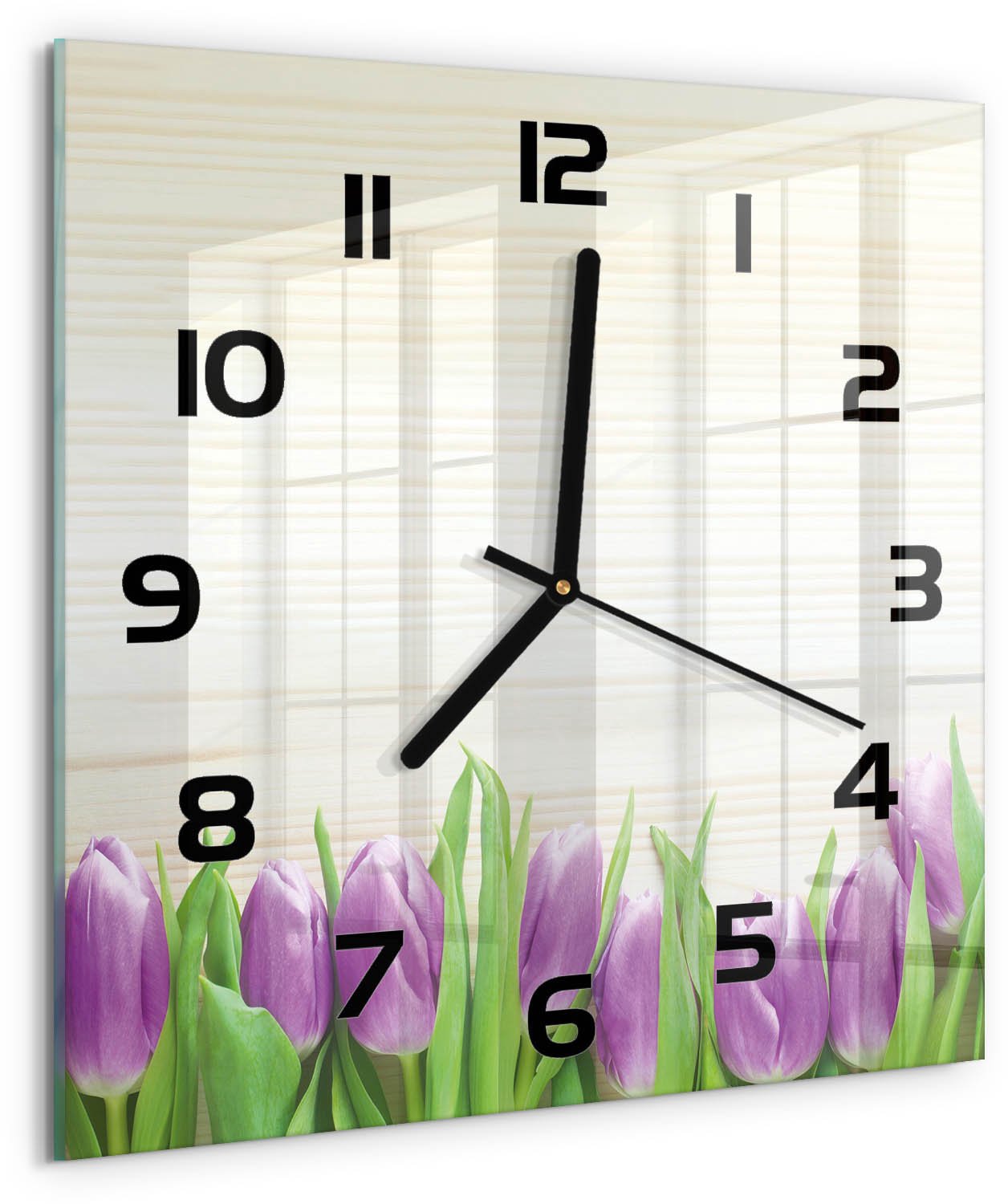 TULUP Wandklok - Paarse tulpen Glazen Wandklok Design - 30x30 cm - Paars Klok Glas Met Opdruk - Zwarte handen - Vierkante Klok - Wandklok Glas Met Motief - Decoratieve Glazen Klok