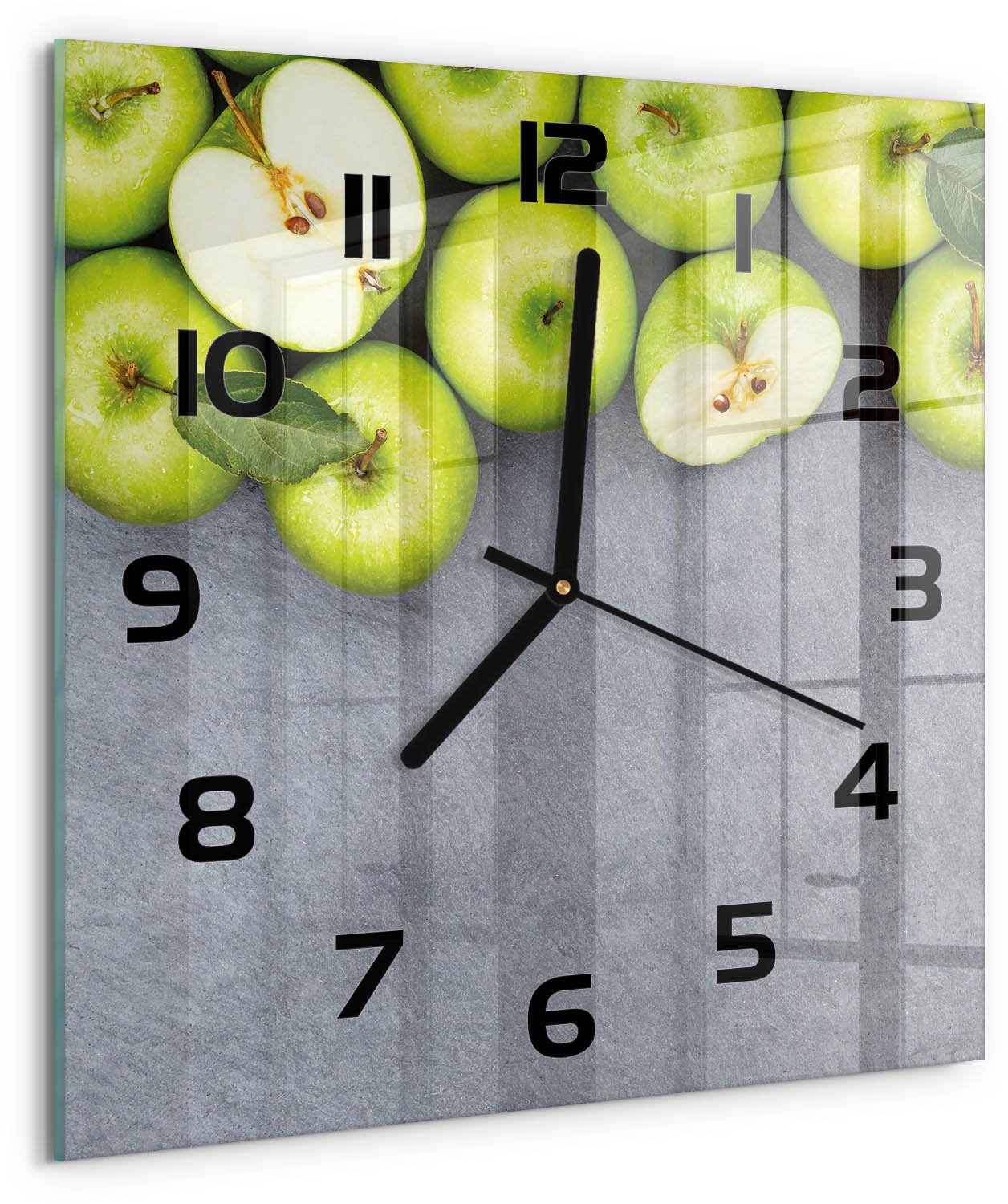 TULUP Wandklok - Groene appels Wandklok Glas Met Motief - 30x30 cm - Groente Decoratieve Glazen Klok - Zwarte handen - Vierkante Klok - Gekleurde Glazen Klok - Glazen Klok Met Print