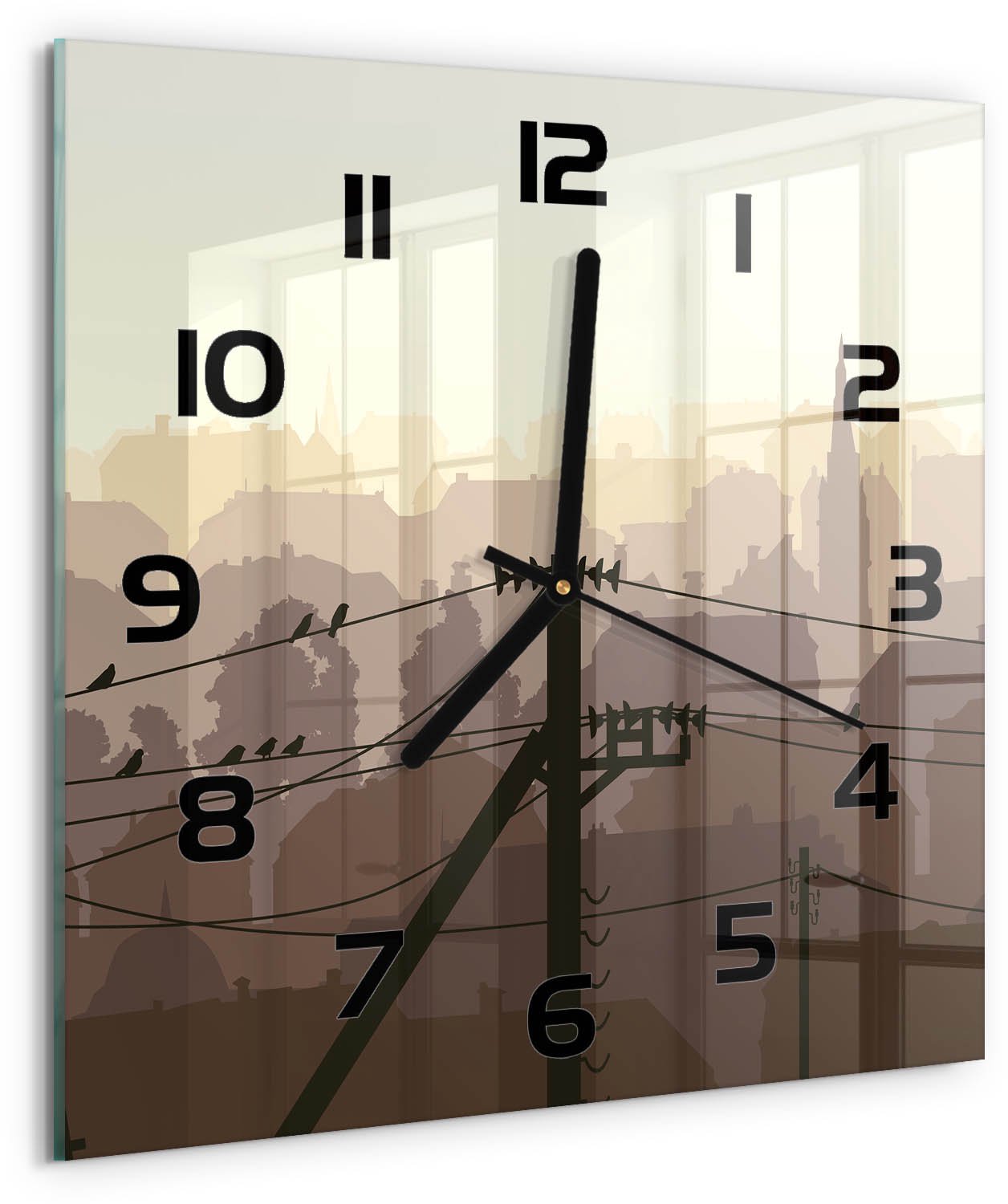 TULUP Wandklok - Stadsstroomleiding Gekleurde Glazen Klok - 30x30 cm - Bruin Glazen Klok Met Print - Zwarte handen - Vierkante Klok - Moderne Wandklok Glas - Wandklok Glas Decoratie
