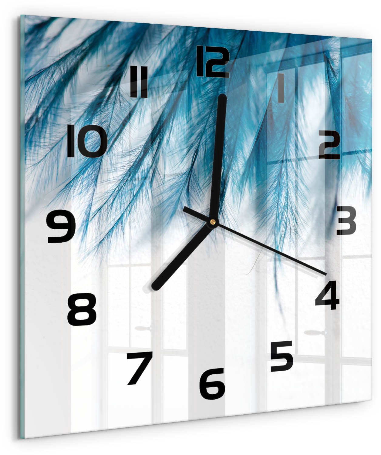 TULUP Wandklok - Blauwe veren Glazen Klok Met Print - 30x30 cm - Blauw Wandklok Glas Met Motief - Zwarte handen - Vierkante Klok - Wandklok Glas Decoratie - Gekleurde Glazen Klok
