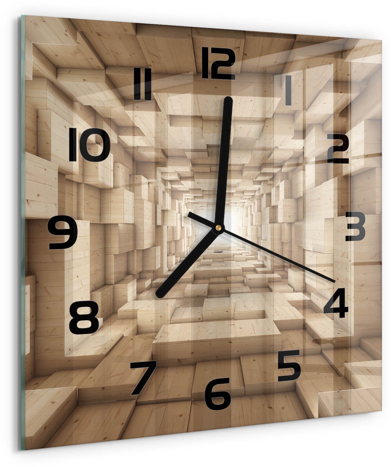 TULUP Wandklok - Houten tunnel Gekleurde Glazen Klok - 30x30 cm - Beige Glazen Klok Met Print - Zwarte handen - Vierkante Klok - Moderne Wandklok Glas - Wandklok Glas Decoratie