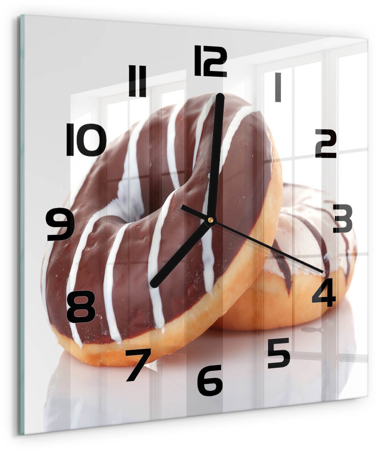 Tulup Wandklok - Chocoladedonuts Klok Glas Met Opdruk - 30x30 cm - Bruin Moderne Wandklok Glas - Zwarte handen - Vierkante Klok - Decoratieve Glazen Klok - Glazen Wandklok Design