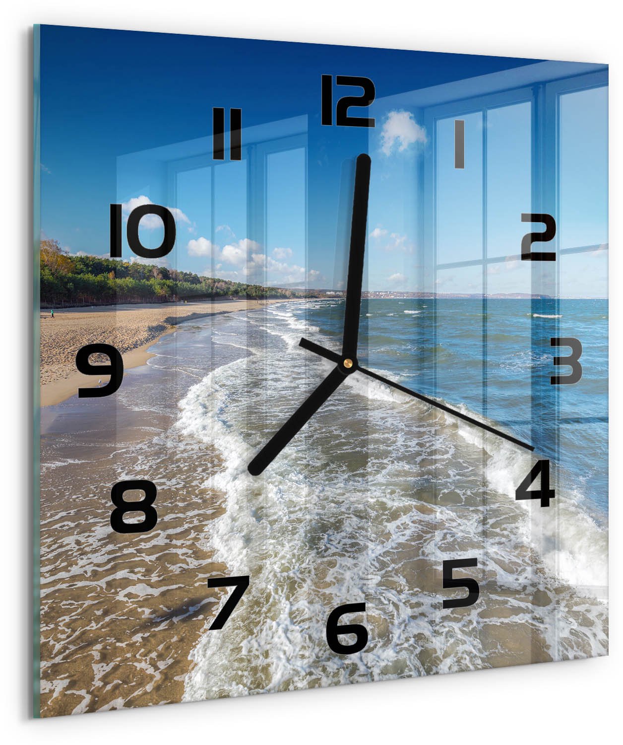 Tulup Wandklok - Oostzee Klok Glas Met Opdruk - 30x30 cm - Blauw Moderne Wandklok Glas - Zwarte handen - Vierkante Klok - Decoratieve Glazen Klok - Glazen Wandklok Design