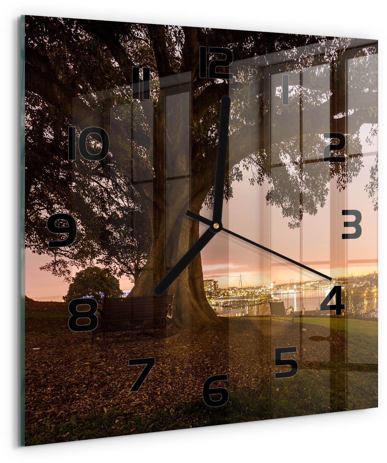 TULUP Wandklok - Oude boom Decoratieve Glazen Klok - 30x30 cm - Veelkleurig Glazen Wandklok Design - Zwarte handen - Vierkante Klok - Glazen Klok Met Print - Wandklok Glas Met Motief