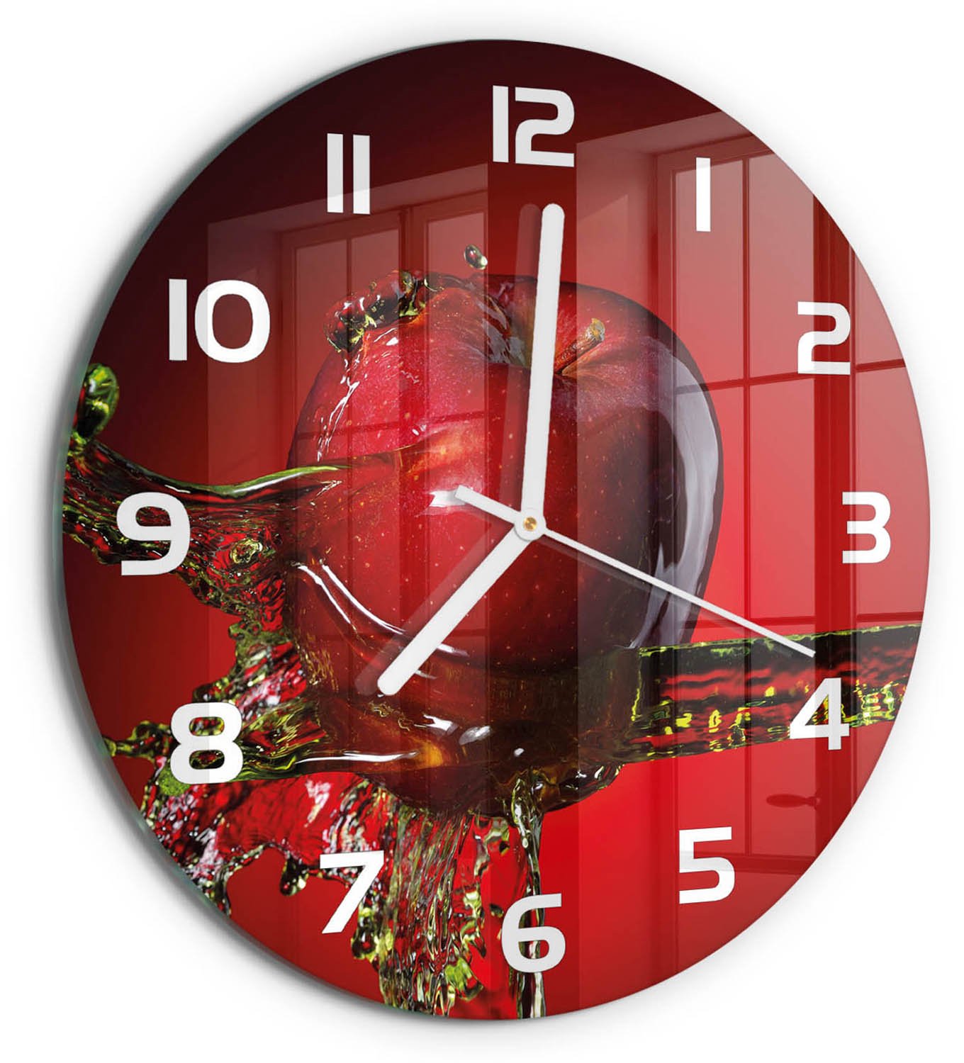 TULUP Wandklok - Appel en water Wandklok Glas Met Motief - fi30 cm - Rood Decoratieve Glazen Klok - Witte handen - Ronde Klok - Gekleurde Glazen Klok - Glazen Klok Met Print