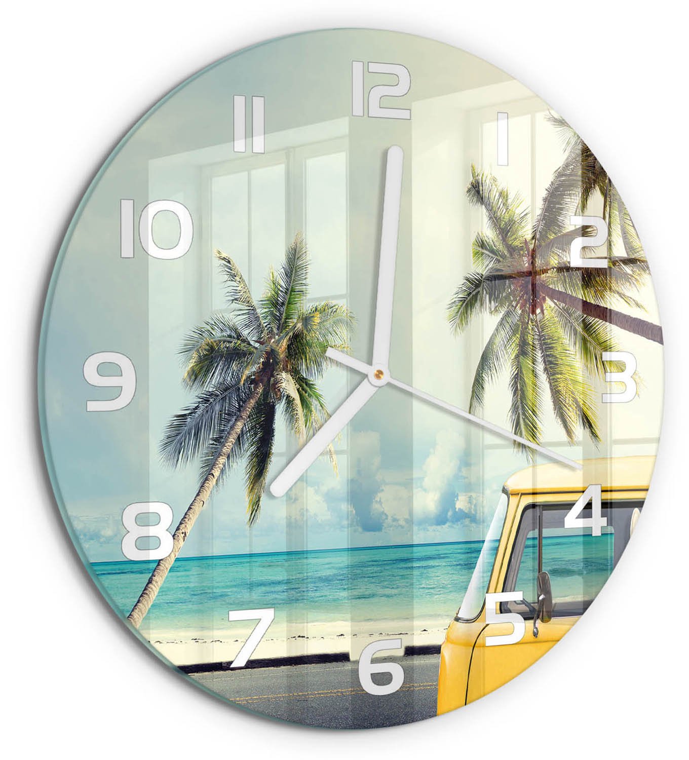 TULUP Wandklok - Van Beach Decoratieve Glazen Klok - fi30 cm - Geel Glazen Wandklok Design - Witte handen - Ronde Klok - Glazen Klok Met Print - Wandklok Glas Met Motief