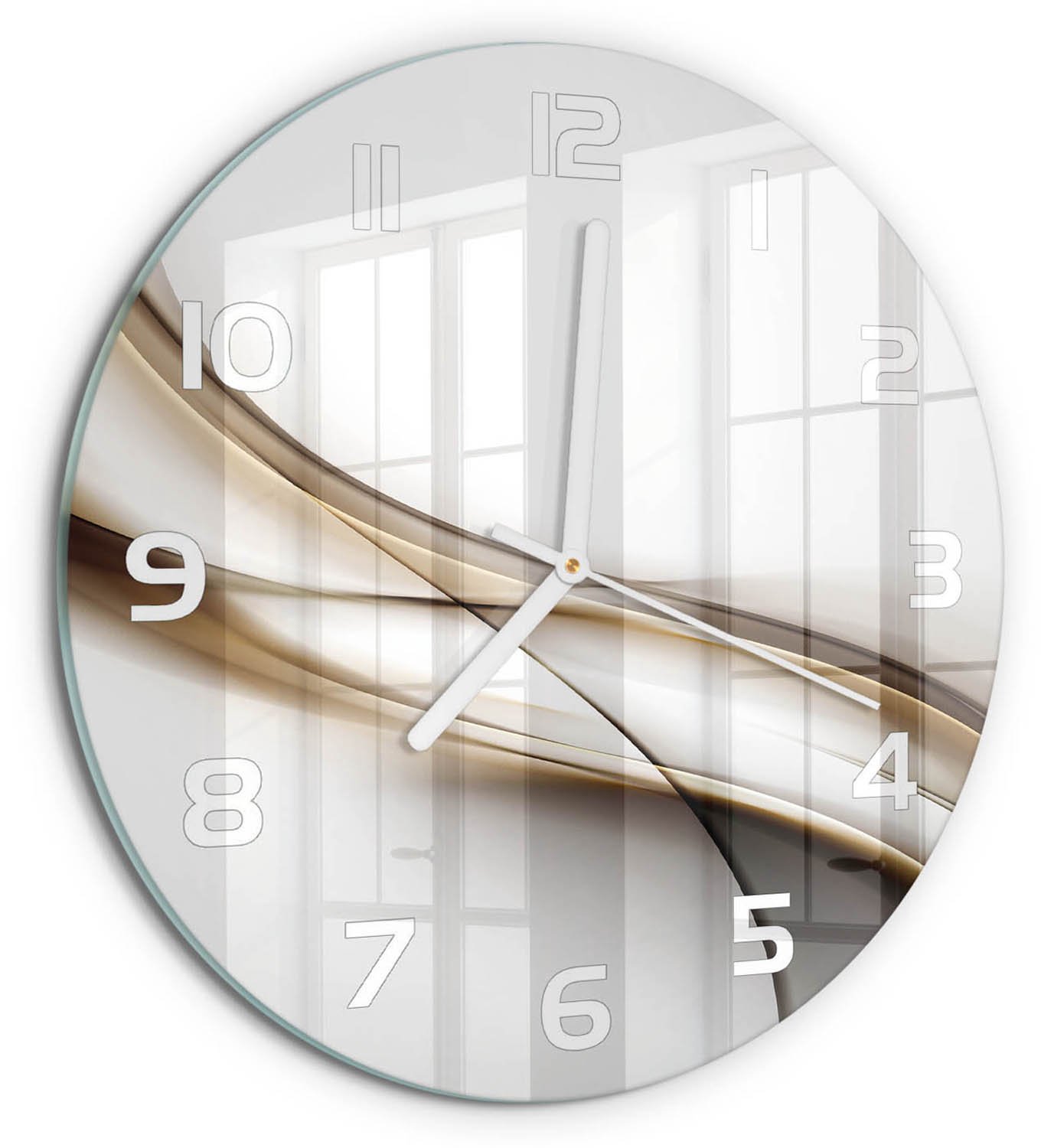 TULUP Wandklok - Bruine golf Moderne Wandklok Glas - fi30 cm - Beige Wandklok Glas Decoratie - Witte handen - Ronde Klok - Glazen Wandklok Design - Klok Glas Met Opdruk