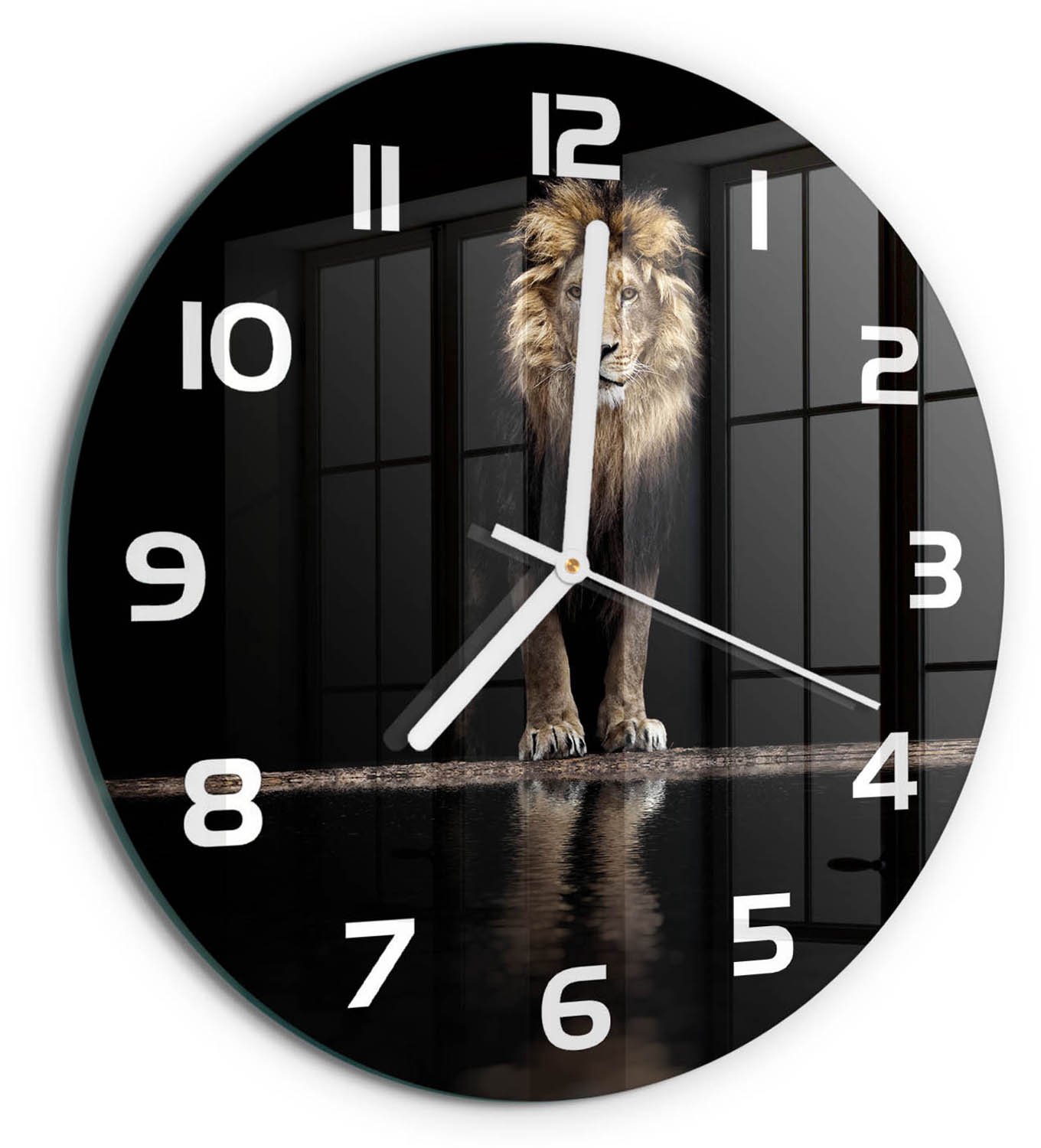 TULUP Wandklok - Portret van een leeuw Glazen Wandklok Design - fi30 cm - Bruin Klok Glas Met Opdruk - Witte handen - Ronde Klok - Wandklok Glas Met Motief - Decoratieve Glazen Klok