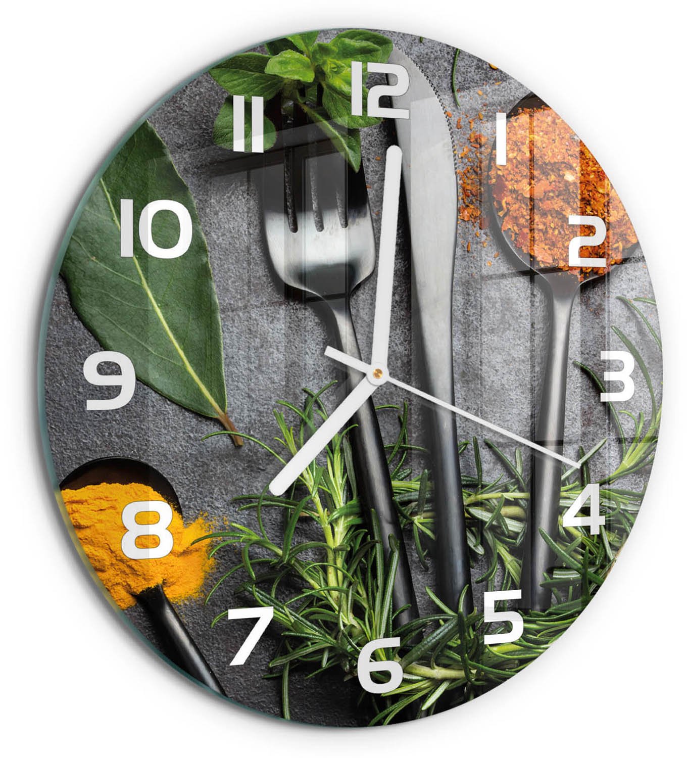 TULUP Wandklok - Bestek en specerijen Gekleurde Glazen Klok - fi30 cm - Veelkleurig Glazen Klok Met Print - Witte handen - Ronde Klok - Moderne Wandklok Glas - Wandklok Glas Decoratie
